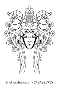 ace mask of a mythical long-haired creature with horns