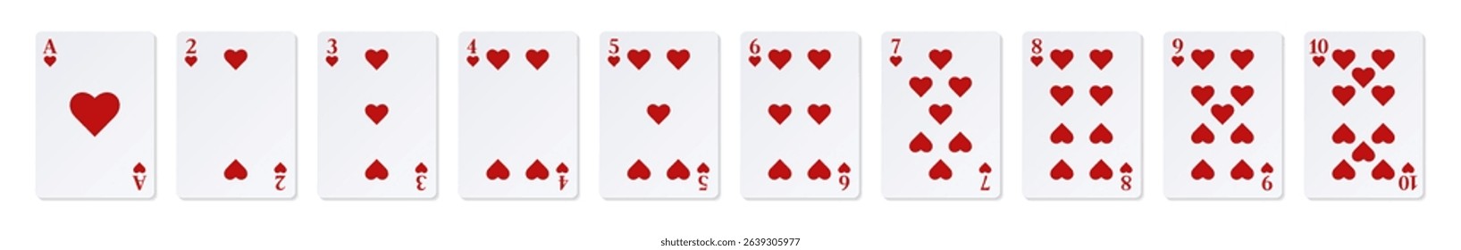 Ace and number cards of Hearts. Casino clipart.