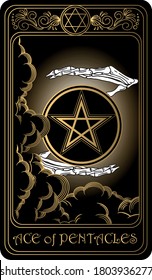 Ace of pentacles. Card of Minor arcana black and gold tarot cards. Tarot deck. Vector hand drawn illustration with skulls, occult, mystical and esoteric symbols.