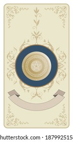 Ace of Pentacles. Golden shield with pentacle in the center, floating on one hand and crowned by a star.