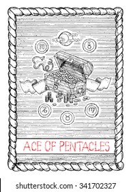 Ace of pentacles. The minor arcana tarot card, vintage hand drawn engraved illustration with mystic symbols. Old trunk full of money, pirate treasures, banner, snake and zodiac signs