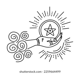 Ace of pentacles with rune Fehu on the hand, black and white symbol of wealth