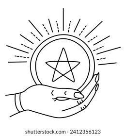 Ace of pentacles, tarot card sign in minimal style, the symbol of wealth. Vector black line illustration