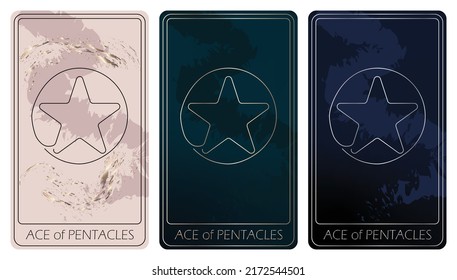 Ace of Pentacles.A card of Minor arcana one line drawing tarot cards. Tarot deck. Vector linear hand drawn illustration with occult, mystical and esoteric symbols. 3 colors.Proposional to 2,75x4,75 in