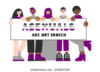Ace Menschen demonstrieren Poster. Asexuelle sind kein gebrochenes Zitat. LGBTQA Stolz queer Person mit Fahne, Symbolen und violettem Grau. Internationaler Tag der Asexualität. Woche der Sensibilisierung und Sichtbarkeit.