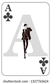 Ace. Playing card with a Clovers sign. Game ace symbol. Isolated card with a fashionable bearded  man.