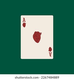 Ace playing card with real human heart on green background. Vector illustration 