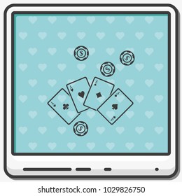 Ace playing cards with casino chips flat vector icon.