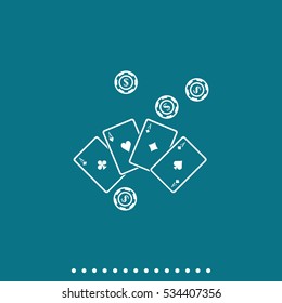 Ace playing cards with casino chips line vector icon.