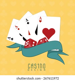 Ace playing cards with dices and ribbon for Casino on yellow background.