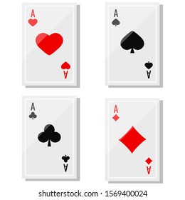 Ace playing cards icons vector set with shadows isolated on white background. Collection of four vintage aces playing cards suits: hearts, spades, diamonds, clubs. Flat cartoon style illustration.