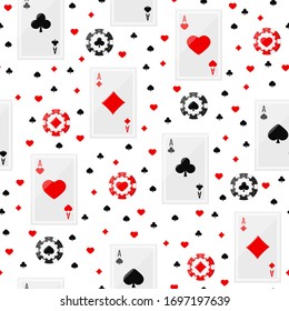 Ace playing cards and poker chips seamless pattern. Black, red casino chip with card suits: hearts, spades, diamonds, clubs print on white background. Vector flat simple endless texture illustration.