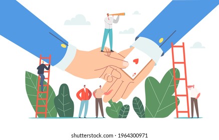 Ace in Sleeve, Unfair Competition Concept. Business Characters Cheating Trick, Advantage in Business. Tiny Businessmen with Ladders and Huge Hands with Hidden Cards. Cartoon People Vector Illustration