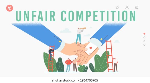 Ace in Sleeve, Unfair Competition Landing Page Template. Business Characters Cheating Trick, Advantage in Business. Tiny Businessmen and Huge Hand with Hidden Card. Cartoon People Vector Illustration