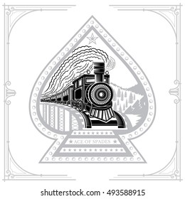 Ace of spades with black silhouette of face old locomotive with smoke on bridge and wild landscape. Engraving illustration on white