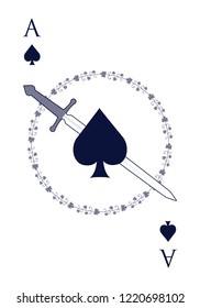 Ace of spades crossed with a sword, surrounded by a garland of leaves. Isolated on white background.