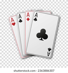 Ace of Spades, Diamonds, Clubs, Hearts. A hand fanned of playing cards. Vector illustration Casino or Poker of all the aces. Transparent background.