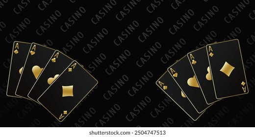 As de picas, diamantes, palos, corazones. Fondo de mesa de casino negro. Una mano fanática de las cartas. Ilustración vectorial Casino de todos los ases.