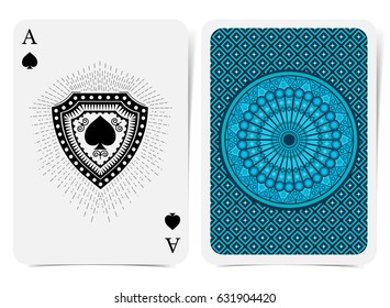 Ace of spades face and back side with blue suit. Vector card template