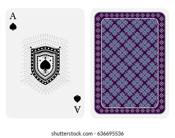 Ace of spades face and back side. Vector card template isolated on white