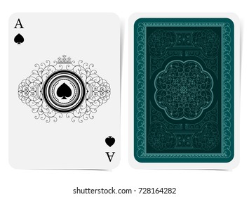 Ace of spades face and back side with blue suit and light curly pattern. Vector card template