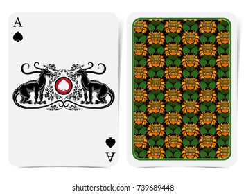 Ace of spades face with spades between two dragons with sakura and back with peony pattern on dark suit. Vector card template