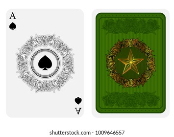 Ace of spades face with spades in center of flower pattern round frame and back with gold star with pattern on green suit. Vector card template