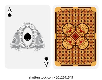 Ace of spades face with spades in center of oval frame with ribbon and line pattern and back with yellow red geometrical texture on suit. Vector card template