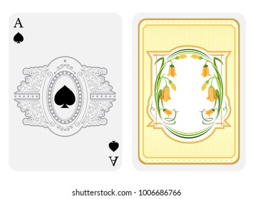 Ace of spades face with curly pattern frame with spades in center and back with vintage flower elements on suit. Vector card template