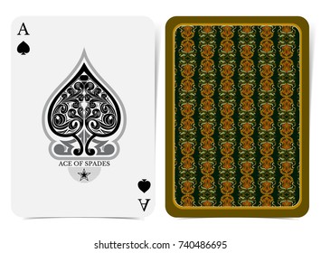 Ace of spades face with floral pattern inside spades and back with orange green floral pattern on dark suit. Vector card template