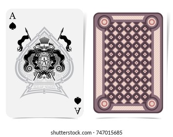Ace of spades face with heraldic element with crossed spears and flags in center spades form and back with violet geometrical pattern on suit. Vector card template