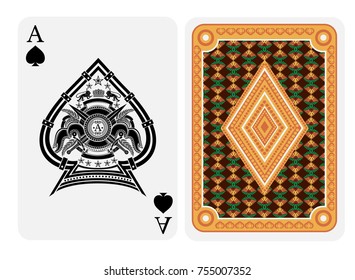 Ace of spades face with heraldic element with crossed swords inside spades form and back with gold yellow flower texture on suit. Vector card template