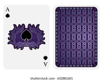 Ace of spades face with spades inside floral wreath and back violet texture suit. Vector card template