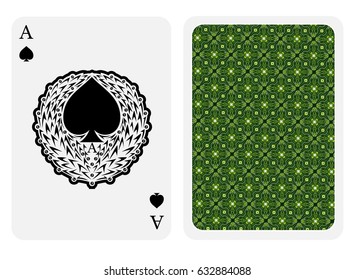Ace of spades face with spades inside floral wreath and back green texture suit. Vector card template