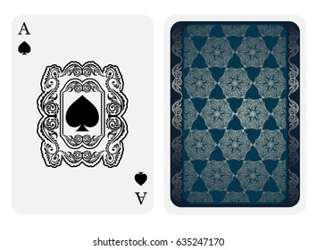 Ace of spades face with spades inside floral square pattern and back side with blue and silver pattern suit. Vector card template