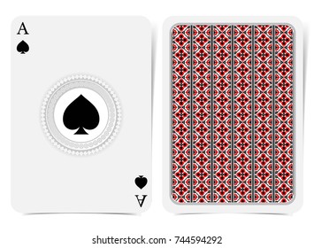 Un As de espadas cara con espadas dentro del marco de patrones geométricos y atrás con el patrón de bordado folk ucraniano rojo-negro en traje. Plantilla de tarjeta de vector