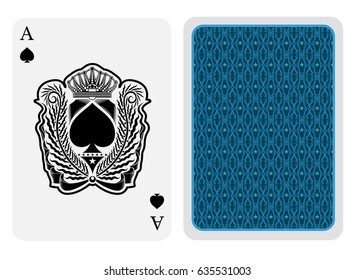 Ace of spades face with spades inside palm wreath with crown and back blue texture suit. Vector card template