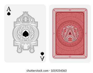 Ace of spades face with spades inside round pattern frame with vintage heraldic elements and back with red colors round pattern on suit. Vector card template