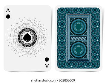 Ace of spades face with spades inside round frame and back with blue suit. Vector card template