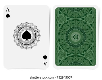 Ace of spades face with spades inside round curly frame and back with silver geometrical pattern on green suit. Vector card template