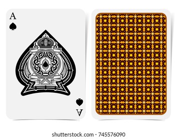 Ace of spades face with spades inside round heraldic pattern round frame and back with gold yellow texture on suit. Vector card template