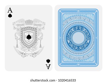 Ace of spades face with spades inside of shield with pattern vintage heraldic elements and back with blue colors round pattern on suit. Vector card template