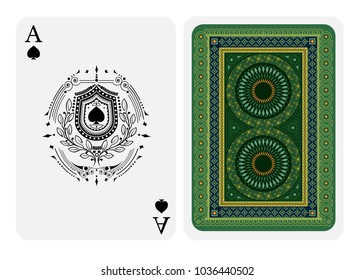 Ace of spades face with spades inside of shield in center of laurel wreath and back with golden green colors texture on suit. Vector card template