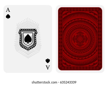 Ace of spades face with spades inside shield with rays and back side with red pattern suit. Vector card template