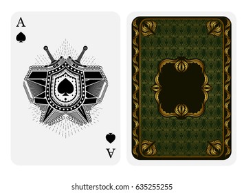 Ace of spades face with spades inside shield with swords and back side with green and gold pattern suit. Vector card template