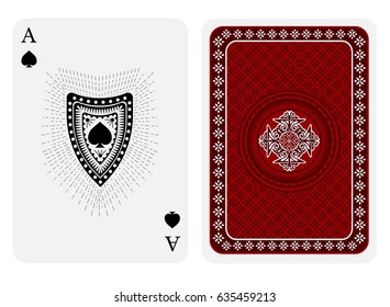 Ace of spades face with spades inside shield and back red-white geometrical texture suit. Vector card template