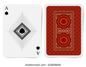 Ace of spades face with spades inside square frame and back with red suit. Vector card template