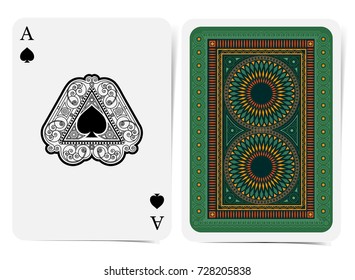 Ace of spades face with spades inside triangular geometrical frame with pattern and back green texture suit. Vector card template