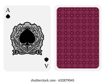 Ace of spades face with spades inside wreath and back violet suit. Vector card template