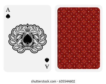 Ace of spades face with spades inside wreath with oval leaves and berry and back red texture suit. Vector card template